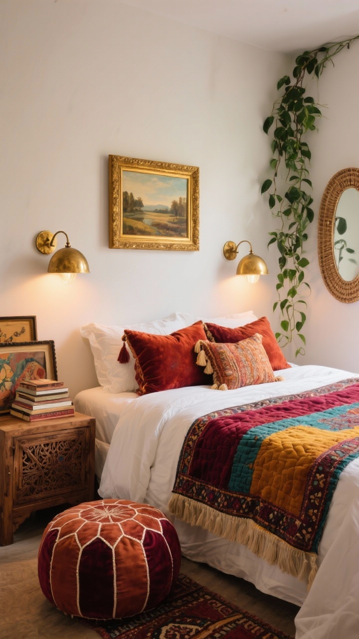 5x8 Persian-style runner featuring deep garnet reds, teal, and saffron, lightly distressed. Crisp white sheets with a velvet quilt in rust, layered tassel pillows. Above the bed: a gold-framed landscape and two antique-brass half-dome sconces. A carved wood nightstand with stacked art leans on the wall; a trailing pothos plant cascades down. At the foot, a round Moroccan pouf and a rattan mirror on the opposite wall to bounce light. Evening ambient light with warm brass highlights, rich boho palette.