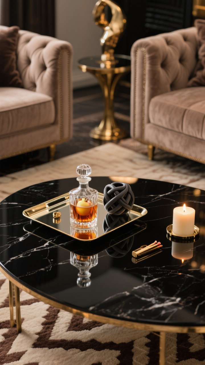Closeup detail, Art-Deco Ember Glam: glossy black oval coffee table surface reflecting light. A mirrored tray displays a cut-glass decanter filled with amber apple-spiced drink, a charcoal ceramic knot sculpture, a sleek match striker, and a bourbon-vanilla candle softly glowing. Background bokeh hints of taupe velvet channel-tufted sofa, sculptural brass end tables, and cream-and-espresso geometric rug. Palette: taupe, ebony, brass, ember. Textures: velvet, mirror, marble, lacquer, glass. Low evening ambience, glamorous reflections. No people, photorealistic.