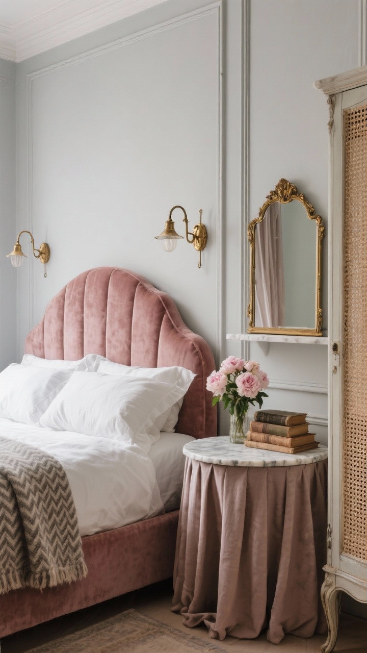 Closeup/detail photorealistic shot capturing Parisian petite boudoir elegance: soft greige wall with applied molding, a curved upholstered headboard in dusty rose velvet, ivory sateen sheets and a herringbone wool blanket folded at the foot; on one side, a skirted pedestal table concealing storage beneath the fabric, on the other, a vintage marble-top nightstand with subtle patina; antique-style aged brass swing-arm sconces framing the headboard, a gilt mirror leaning on a shallow console ledge just within frame, sheer drapery layered under heavier velvet panels softly diffusing light; include the edge of a narrow armoire with cane panels and a small bouquet of peonies atop a stack of worn paperbacks; intimate, romantic, softly lit.
