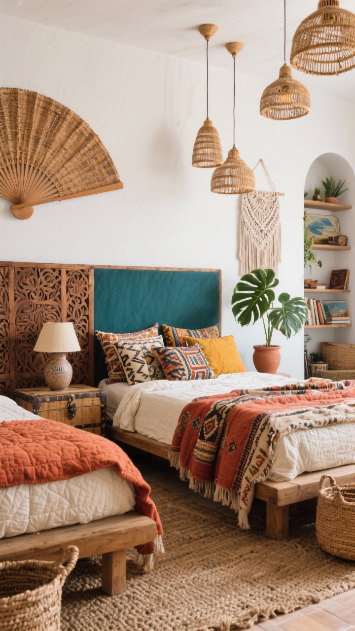 Closeup/detail shot from bed height: A boho guest den vignette focusing on layered textures and earthy saturated colors—terracotta, deep teal, saffron, and cream—against white walls. Foreground shows cotton quilts in terracotta and cream with Kantha throws draped casually; piles of patterned pillows (ikat, block print, embroidered) mixing effortlessly. Behind the bed, a wall-mounted carved wood panel serving as a headboard alternative, with an oversized woven fan on the opposite wall hinted in frame. A woven trunk between the two low wood platform beds holds a ceramic table lamp; above, a trio of rattan pendant lights swagged from one corner. Flooring shows a chunky jute rug base layered with a vintage-look kilim. Wicker baskets tucked under the beds, and a narrow arched bookshelf in the background displaying travel finds and plants. A leafy monstera in a clay pot and a macramé wall hanging add texture. Soft natural light with gentle shadows, cozy and collected, photorealistic.
