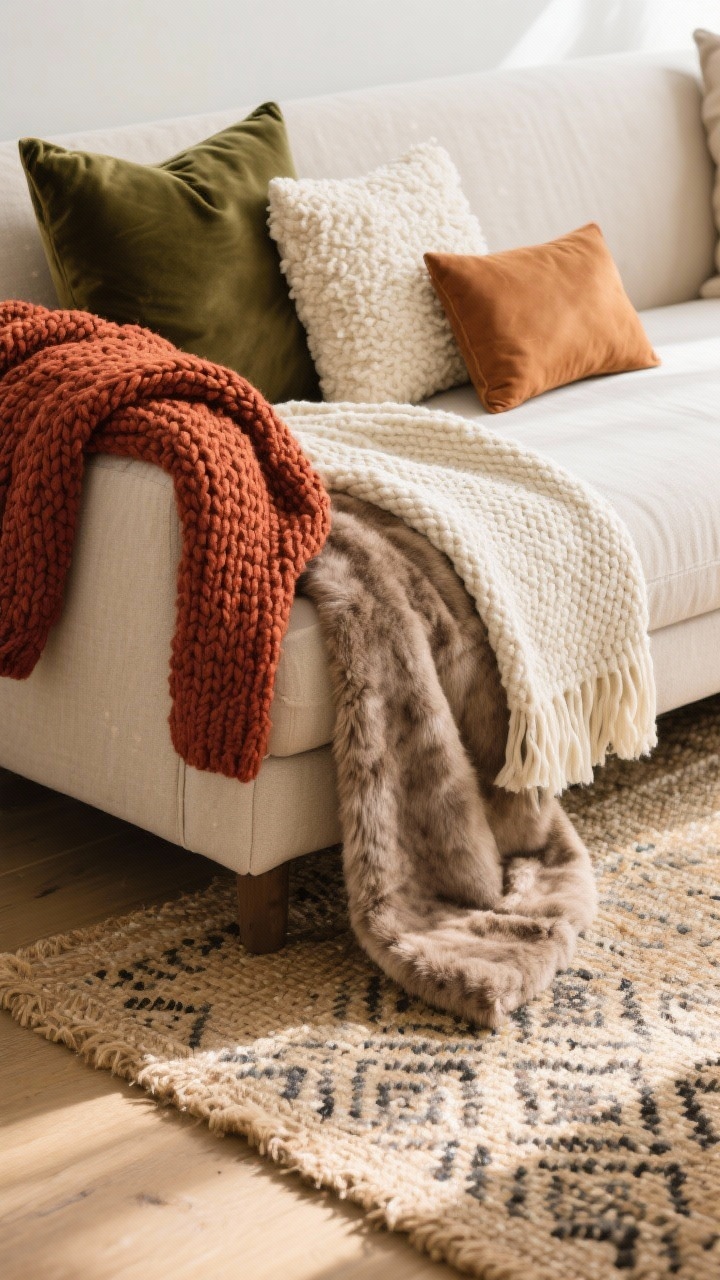 Closeup detail shot of a living room sofa corner layered with touchable textures: a rust-colored chunky knit throw draped over the arm, a cream woven throw folded beneath a soft taupe faux fur blanket; pillows in olive velvet, cream boucle, and a small rectangular caramel suede pillow, all on a natural linen sofa. A small patterned wool rug is layered over a larger jute rug beneath, in soft afternoon natural light. Color palette: rust, cream, olive. Photorealistic, focus on fibers and fabric weave, shallow depth of field.