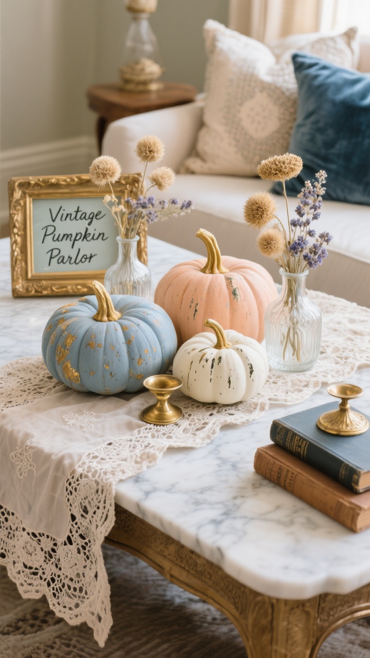 Closeup detail, three-quarter angle: A “Vintage Pumpkin Parlor” centerpiece on a lace runner over a marble-top side table, featuring heirloom pumpkins in dusty blue, pale peach, and creamy white, some chalk-painted with gold stems. Brass accents and small milk-glass vases holding dried florals (strawflower, statice, yarrow). A gilt frame with glass used for handwritten signage in paint pen and a small stack of old hardcover books nearby. Textures of lace, velvet, and needlepoint cushions hinted in the background. Palette of cream, dusty blue, peach, worn gold, and soft blush. Warm, cozy indoor light; photorealistic, no people.