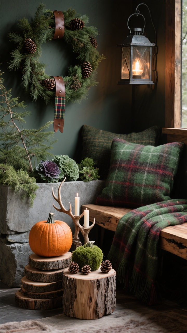 Closeup, moody vignette for “Woodland Cabin Retreat”: live-edge wood bench corner with plaid wool throws in hunter green and oxblood, stacked wood slices used as pedestals displaying a mossy pumpkin, antler-inspired candleholders, and small clusters of pinecones; aged stone/concrete planter behind filled with juniper, cedar, and ornamental kale; cedar-and-pinecone wreath above with a leather strap/tartan ribbon partially visible; iron lantern throwing a soft glow with subtle path light spill; deep green, espresso, oxblood, stone gray palette; photorealistic, earthy textures and forest mood.
