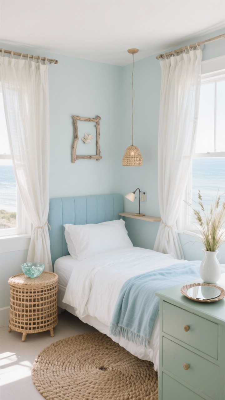 Corner-angle medium shot: A coastal nook bedroom with the queen bed tucked into a corner, wrapped by linen curtain panels mounted on both adjoining walls to create a breezy, curtain-panel headboard effect. Colors are airy: sea-salt painted walls, chalky white bedding, a pale sky-blue throw. Rattan accents include a round rattan nightstand on the open side; on the closed side, a slim wall shelf serves as a small perch. Lighting: a tiny woven pendant centered over the bed corner, plus a clip-on reading light for practicality. A braided rope rug nestles into the corner to soften angles. Decor: driftwood frame on the wall, a small sea-glass bowl, and a white ceramic pitcher with wild grasses. Opposite the bed, a narrow dresser in soft sage with a round mirror and a shell-shaped tray. Sheer white curtains puddle slightly at the window. Bright, sunlit coastal mood, photorealistic.