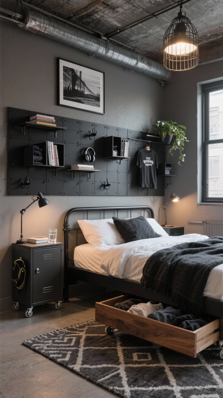 Corner angle medium shot, Industrial Loft With Modular Wall Grid: Urban bedroom with warm gray walls and a black metal bed frame, backed by a black modular wall grid spanning the bed’s width. Clip-on shelves, hooks, and cubbies hold books, headphones, a plant, and folded tees; clamp-on task lights illuminate the setup. A fold-down night shelf clipped to the grid holds a book and glass of water. Under the window, a low-profile metal locker console conceals gear; a rolling under-bed drawer on casters is partially pulled out with off-season clothing visible. Oversized black-and-white prints hang above, and an industrial cage ceiling light provides overhead glow. Textiles: crisp percale sheets, dark wool throw, flat-woven geometric rug; palette of charcoal, black, walnut, and soft white. Mood: cool, unfussy, evening ambient plus task lighting, photorealistic.
