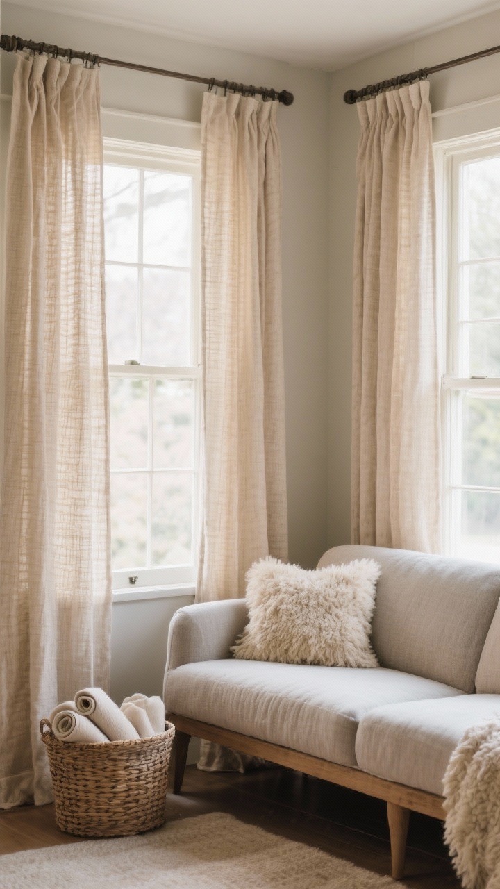 Corner medium shot of cozy fabric swaps: windows dressed with lined, thicker-weave curtains in light warm oatmeal, a textured slipcover in almond on a cool-tone sofa warming the overall vibe, a small bench topped with a soft sheepskin or boucle cushion, and a woven basket by the sofa holding rolled throws. Light, warm neutral palette (oatmeal, almond, taupe) to keep the space airy yet snug. Soft natural light enhances texture.