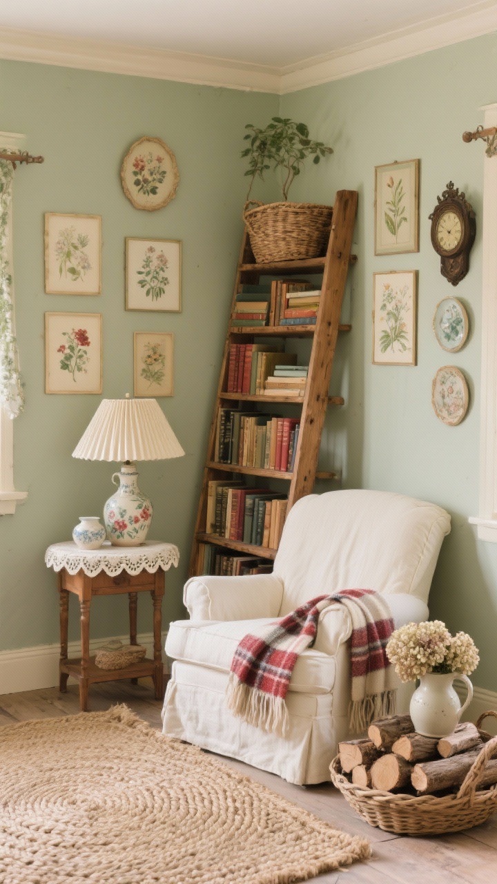 Cozy “Cottagecore Library Corner” detail-focused medium shot from a corner angle: cream slipcovered armchair with a plaid wool throw; wooden ladder shelf stacked with well-loved books and woven baskets; small scalloped side table with a pleated lamp; floral prints and vintage ceramics styled throughout; wall gallery of small botanical prints and an antique clock; braided jute rug layered with a smaller plaid rug; basket of logs (real or faux) and a ceramic pitcher with dried hydrangeas; tones of sage, buttercream, cranberry, and natural oak; sweet, storybook atmosphere, photorealistic, no people.