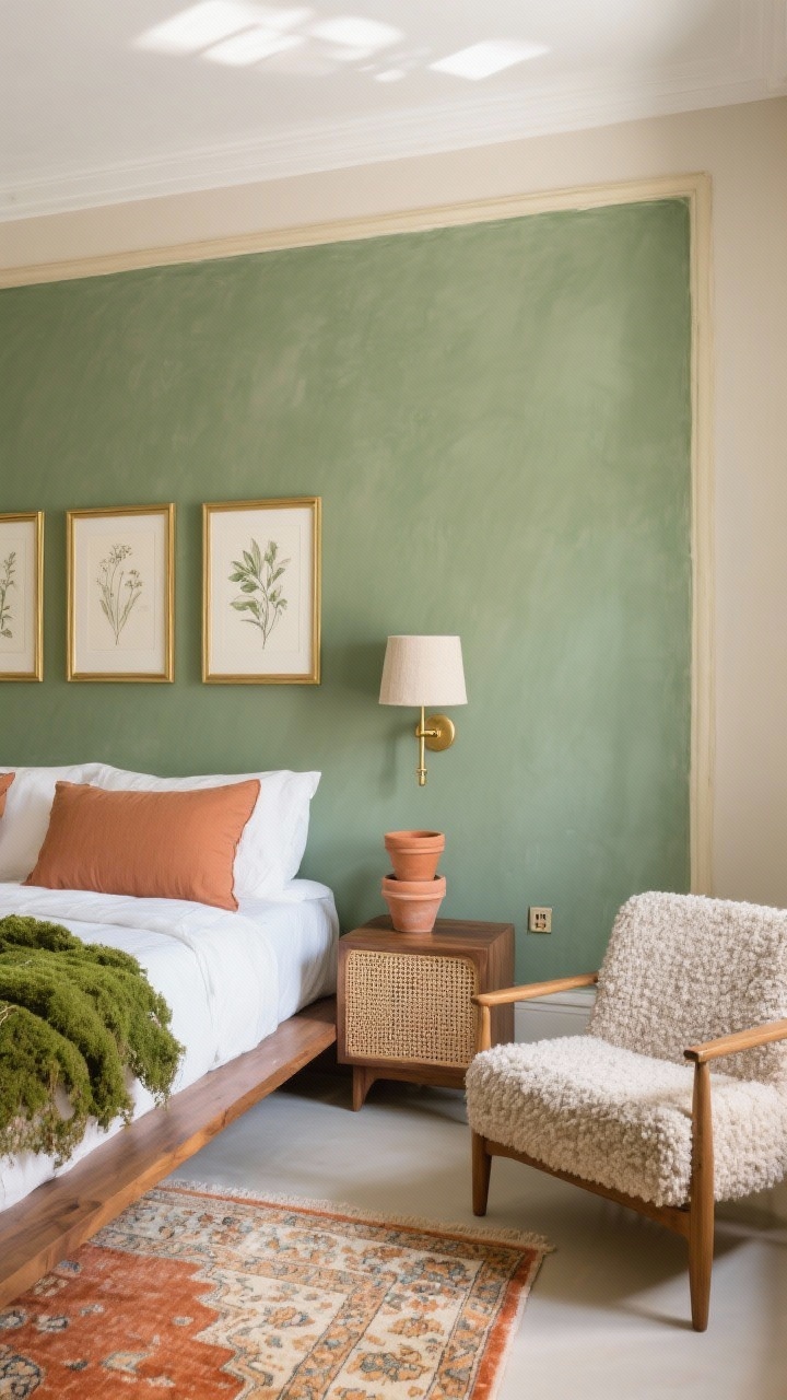 Detail closeup: A serene sage green wall with putty-beige trim edge in frame; warm white ceiling glow reflected; low acacia or walnut platform bed partially visible with stonewashed white linen duvet layered with moss and clay-toned pillows; vintage-look Persian rug in terracotta and cream peeking at the bottom of the frame; tiny brass plug-in sconce and linen drum flush mount softly illuminating textures; botanical sketches in thin brass frames aligned on the wall; stacked terracotta pots on a cane-front nightstand; a textured boucle accent chair edge; tactile, natural materials emphasized, photorealistic, soft afternoon light.