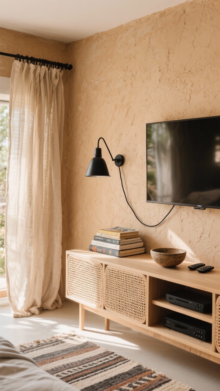Detail closeup, angled photorealistic shot highlighting textures in a boho sunlit nook: the hand-troweled plaster wall in warm sand with a wall-mounted TV above a cane-front credenza that conceals consoles while allowing signals through. A black metal swing-arm wall lamp extends near the TV; a slim cable raceway painted to match the wall is nearly invisible. On the credenza: stacked travel books and a ceramic bowl for remotes. In the soft-focus background, sheer flax curtains on a black rod echo the lamp hardware; hints of salt-and-pepper linen bedding and a striped kilim rug. Bright daytime natural light with sun-kissed warmth.