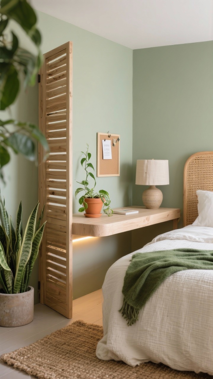 Detail closeup, Biophilic Nook With Pocket Partitions: focus on a slatted wood screen used as a pocket partition, softly separating a pale wood corner desk with rounded edges from a rattan headboard in the background. On the desk: a small linen pinboard, a terracotta pot with a trailing pothos, and a slim LED under-shelf strip casting gentle light. Surrounding textures: creamy textiles, textured ivory bedspread edge, moss-green throw peeking from the bed, and a jute rug below. Wall color is soft sage, with additional plants nearby (snake plant base visible). Lighting is soft and organic from a linen drum shade glow and a ceramic bedside lamp in the background. Photorealistic, shallow depth of field, angled detail shot highlighting natural textures and greenery.