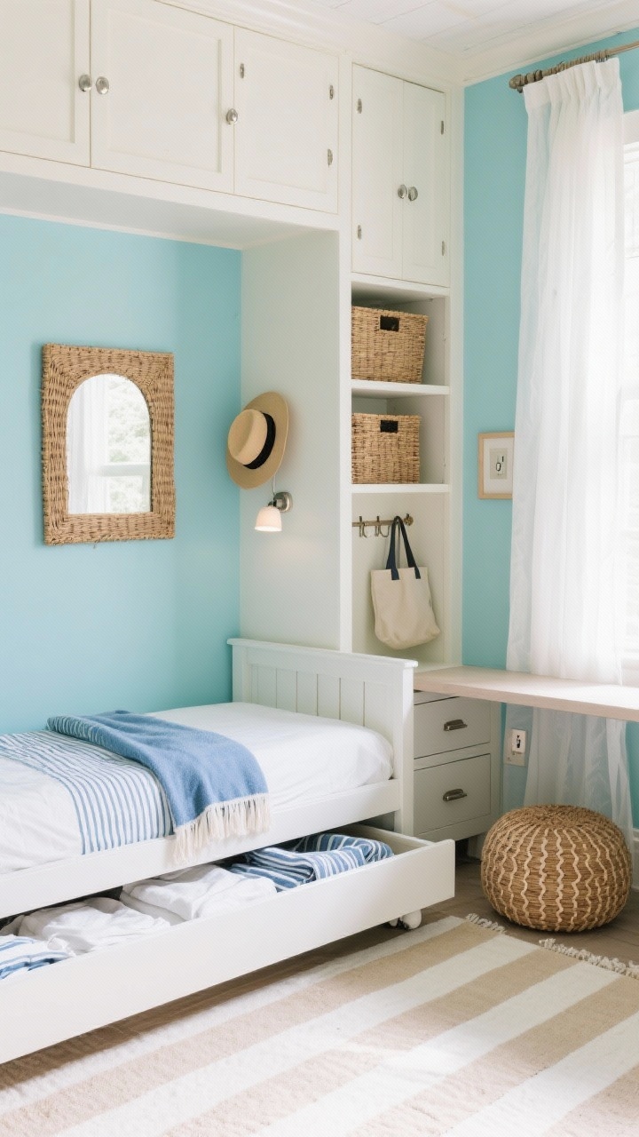 Detail closeup, Coastal-Casual Daybed With Vertical Storage: A bright, breezy vignette featuring a white trundle daybed drawer pulled out to show neatly folded soft-cotton sheets and a blue striped throw. Background shows sea-glass blue walls with creamy white trim, brushed nickel hardware on a ceiling-high shelving tower that mixes closed cabinets and woven baskets. A plug-in picture light illuminates the shelves; a rattan wall mirror catches natural light. Gauzy white curtains filter sun; a pale striped rug in sand and white grounds the scene. Include a corner of a narrow ladder desk with two small drawers and a top shelf, a woven pouf tucked beneath, and a wall-mounted peg rail holding a hat and tote. Mood: light, airy coastal, soft natural daylight, photorealistic.