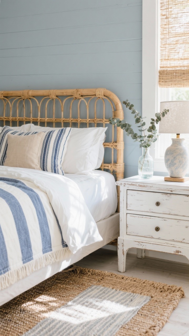 Detail closeup, Coastal Light + Layered Retreat: A bed vignette featuring a natural rattan headboard against soft gray-blue walls with bright white trim. Breezy white percale sheets topped with a striped cotton blanket in coastal blues, accented by a navy ticking stripe pillow and a single sand-colored linen pillow. In the foreground, the texture of a jute rug layered with a smaller soft striped rug. At the side, a whitewashed three-drawer chest with a ceramic table lamp, and a clear glass vase holding eucalyptus. Natural woven shades filter morning sunlight, creating gentle shadows. Photorealistic, bright, airy, close-focus on textures and layers.