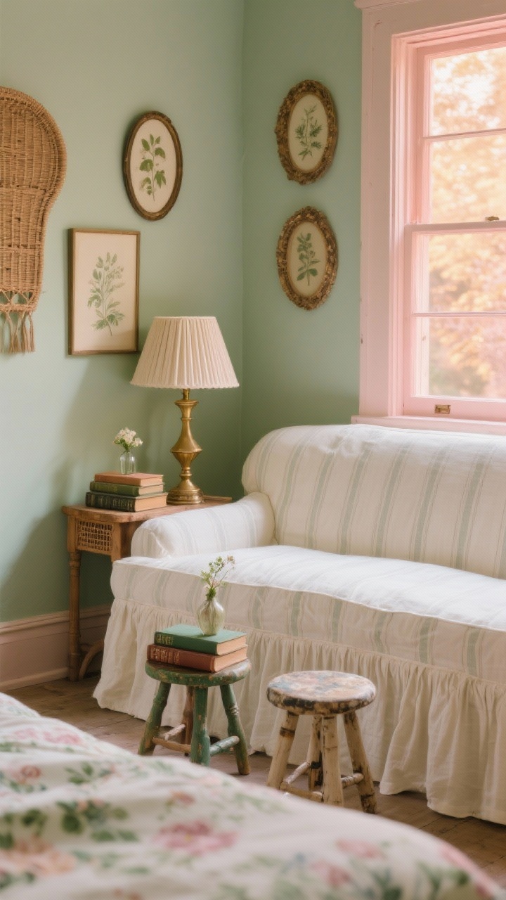 Detail closeup, cottagecore charm: skirted slipcovered settee in cream or faded stripe (58–62 inches) nestled beneath a window with rosy golden-hour light; focus on the skirt drape and linen texture, with two tiny mismatched stools as side tables holding a stack of classic novels and a bud vase; backdrop of pale sage walls and a cluster of oval-framed botanical prints above; hints of rattan and painted wood accents; soft floral patterns from nearby bedding slightly out of focus; petite table lamp with a pleated shade casting warm glow; palette of sage, cream, blush, moss, antique brass; photorealistic, no people.