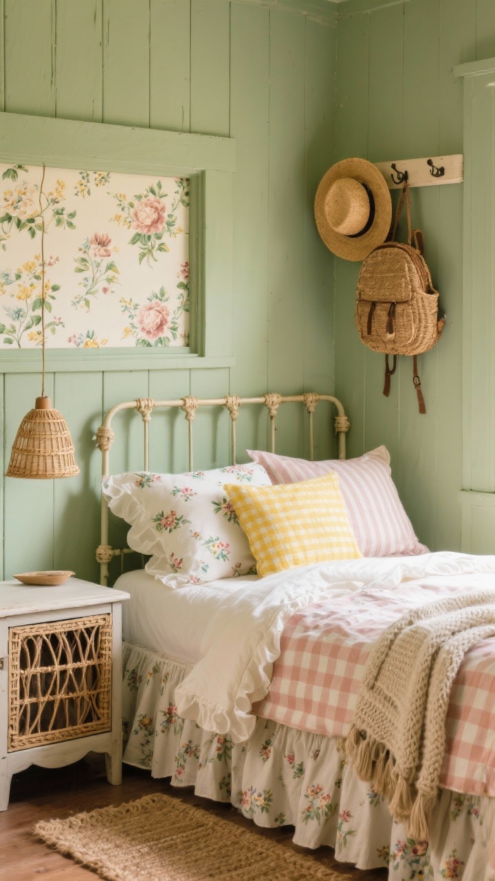Detail closeup, Cottagecore Hideaway: A tight vignette of an iron spindle daybed dressed in mix-and-match prints—gingham, ditsy florals, and soft stripes—in creams, blush, and a touch of butter yellow. Sage green painted wall meets a small panel of sweet floral wallpaper at the bed wall. Textures emphasized: ruffled bedding, a knitted throw casually folded, jute runner peeking below. A skirted nightstand with fabric drape conceals storage, a small rattan drum pendant glow in frame edge, and cane-front wall hooks with a straw hat and tiny woven backpack hanging from a short shaker peg rail. Soft, warm afternoon light, photorealistic macro of fabrics and finishes.