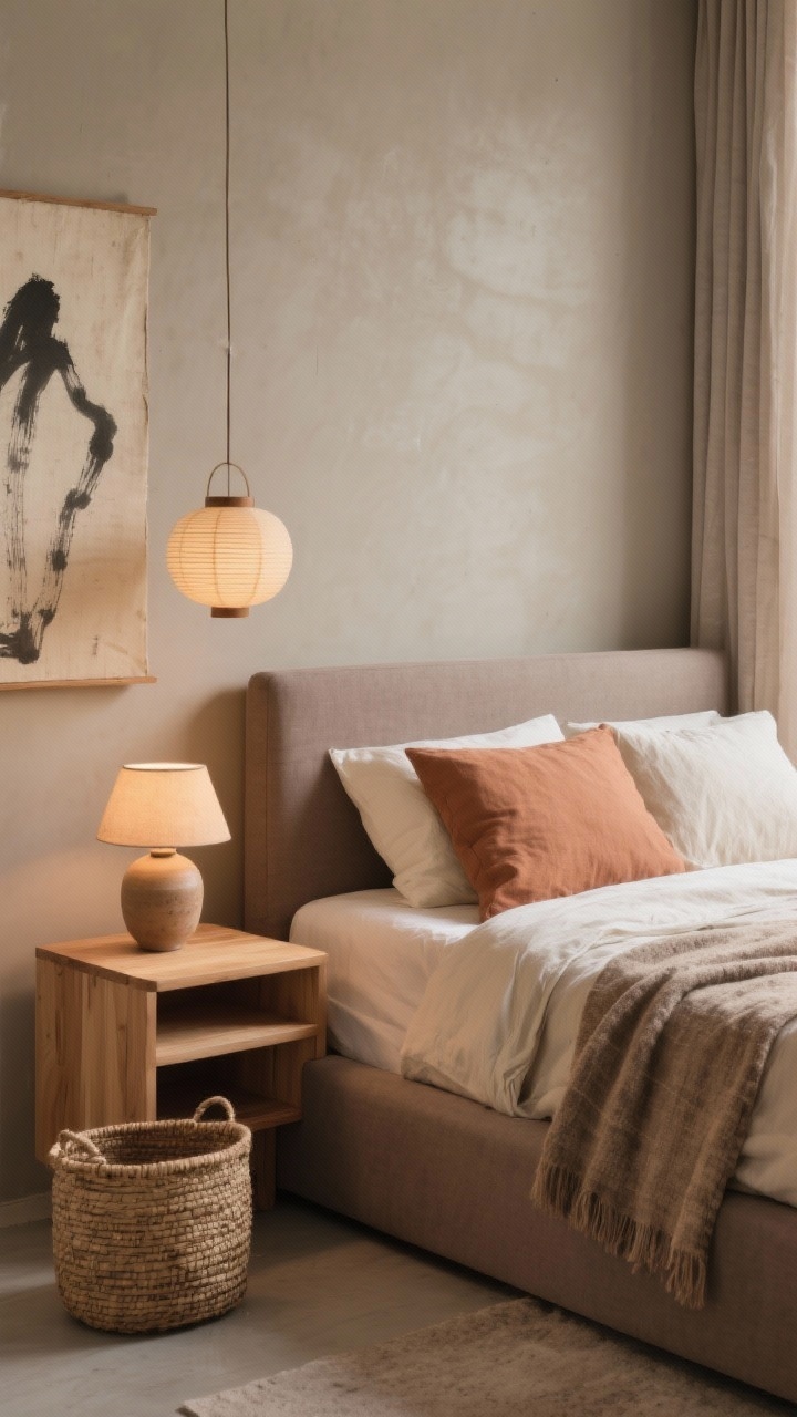 Detail closeup — Earthy Japandi: A warm greige wall behind a low upholstered taupe platform bed corner. Stonewashed cotton bedding layered in clay and cream tones with a nubby throw. Light oak nightstand with soft curves and a slim-profile dresser (no visible hardware) blurred in background. A lidded woven basket at the foot of the bed edge. Soft, warm lighting from a nearby paper lantern pendant; a ceramic warm dimmable table lamp on the nightstand. Neutral linen curtains slightly pooled on the floor. Minimal art: a textured canvas/ink brush print with abundant negative space. Materials focus on oak, linen, stone, ceramic; calm, organic mood, photorealistic, no people.