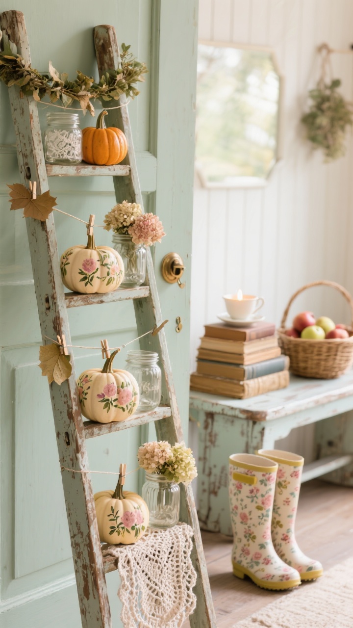 Detail closeup, eye-level, of a vintage ladder leaned beside an entry, each rung styled: mini pumpkins hand-painted with delicate florals, dried hydrangeas, lace-trimmed jars, and a crochet runner draped over one rung; tiny clothespins clip a pressed leaf garland; in the blurred background, a distressed bench with a stack of old books topped with a teacup candle and a wicker basket of apples, floral-patterned wellies by the door; soft sage, cream, blush, and faded gold palette with gentle natural daylight, photorealistic.
