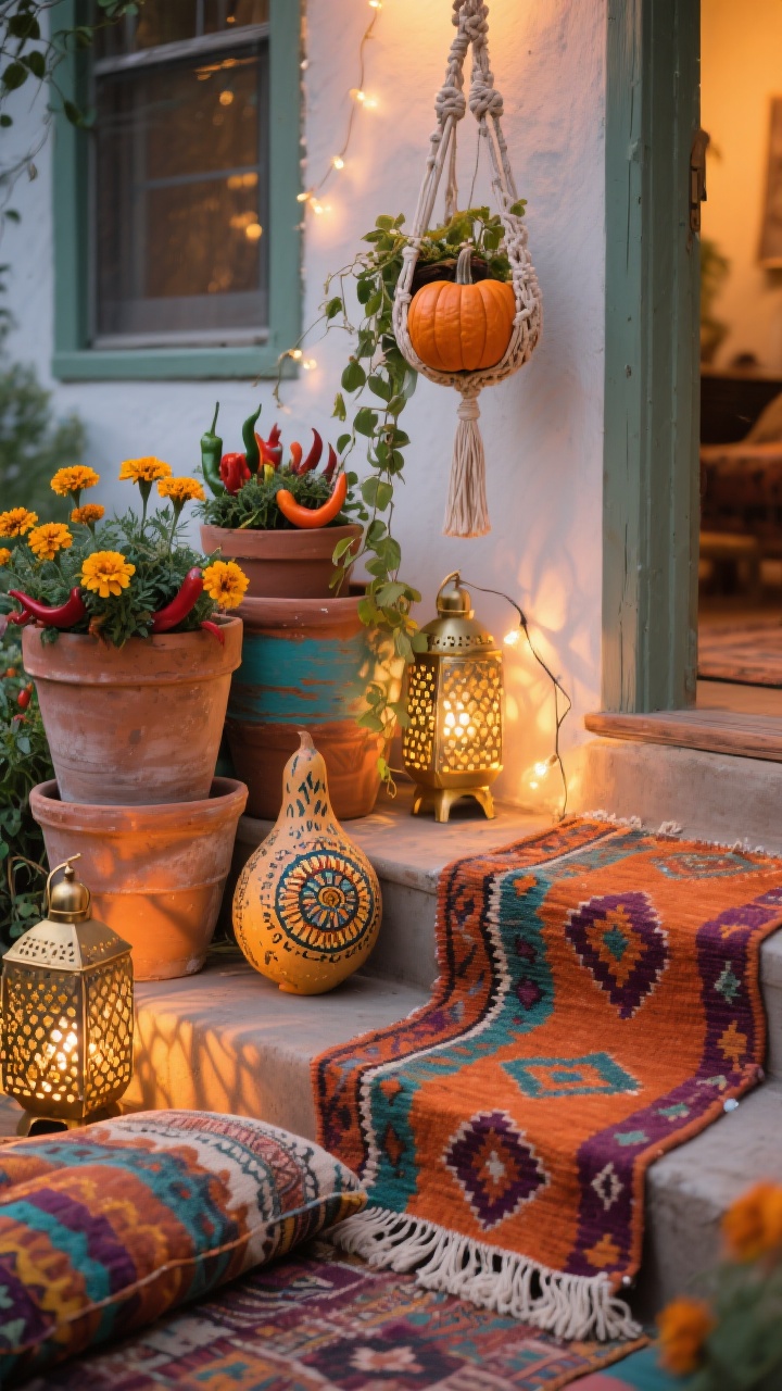 Detail closeup from the steps of a boho bungalow: a kilim-style outdoor runner in terracotta, marigold, teal, and plum hues; stacked terra-cotta pots painted in muted desert tones planted with marigolds, ornamental peppers, and trailing ivy; a macramé plant hanger suspends a tiny pumpkin, while a gourd painted with mandalas rests nearby; brass fairy lights and pierced metal lanterns cast patterned shadows; layered floor cushions and a tassel throw partially visible; vibrant, warm evening lighting, photorealistic.