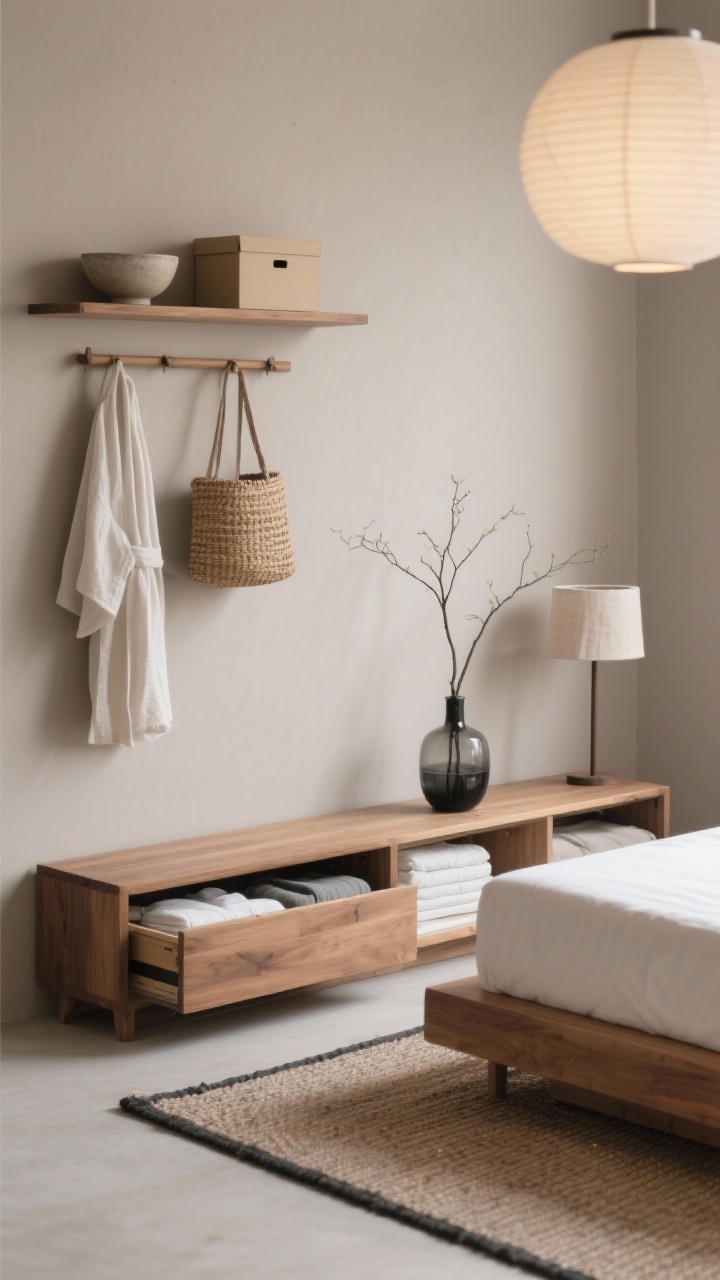 Detail closeup, Japandi Calm textures and storage: a serene vignette of a floating ash-wood console against light taupe walls, with two shallow floating shelves above styled with stoneware bowls, a closed box, and a single branch in a glass vase; part of a low platform bed in ash wood visible with lift-up hydraulic storage partially open revealing neatly folded linens; a peg rail holding a robe, tote bag, and a woven basket; tatami-style flat-woven rug edge in frame; soft glow from a rice paper pendant out of focus, plus a slim table lamp with linen shade; color palette of sand, warm white, ash wood, and soft black accents; calm, natural daylight, photorealistic overhead-leaning angle.