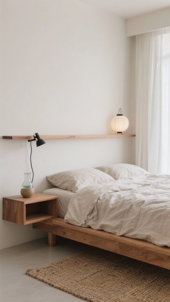 Detail closeup, Japandi Minimal textures and symmetry: warm white/pale greige wall backdrop, solid oak platform bed edge with simple paper-cord or wood headboard, floating oak wall shelf nightstand with a small lip holding a single ceramic vessel and a water carafe, stonewashed linen duvet in natural flax softly wrinkled, cotton gauze curtain edge, flat-weave jute rug meeting the oak bed leg, tiny black clamp lamp clipped to the shelf, hint of rice paper lantern glow off-frame; palette of soft greige, natural oak, flax, black ink, clay; calm, zen, tactile materials; photorealistic macro-style lighting emphasizing fibers and wood grain.