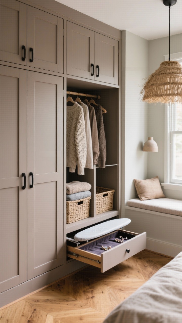 Detail closeup, Japandi Nook textures: a built-in wardrobe wall with Shaker-style doors painted mushroom taupe, fitted with slim matte black pulls; adjacent greige wall and honey oak flooring visible; open door revealing calm organization: one hanging section with neatly spaced garments, a folded knitwear stack, and a vertical cubby with baskets; a pull-out ironing board partially extended and a velvet-lined drawer with jewelry; nearby shallow window ledge with a thin cushion suggesting a mini reading spot; natural materials—hint of seagrass pendant and ceramic lamp blur in background; soft morning light, overhead-leaning angle to emphasize craftsmanship and materials, photorealistic, no people.