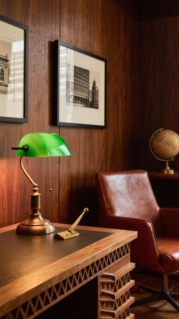 Detail closeup, Jazz Age Study: an intimate vignette of a walnut-paneled backdrop with a rectangular desktop featuring stepped corners and geometric inlays. Foreground: a green glass banker’s lamp glowing warmly, its brushed bronze hardware echoing a bronze floor lamp’s stepped base in soft focus. Beside the lamp: a vintage brass letter opener, a pedestal globe edge peeking in, and the corner of a cantilever leather chair in deep caramel/tobacco tone. Color palette warm—walnut, tobacco, oxblood accents, brushed bronze highlights. Reflections of monochrome architectural prints in black frames with wide ivory mats subtly visible. Moody, warm task lighting, photorealistic, angled detail shot emphasizing textures and inlays.