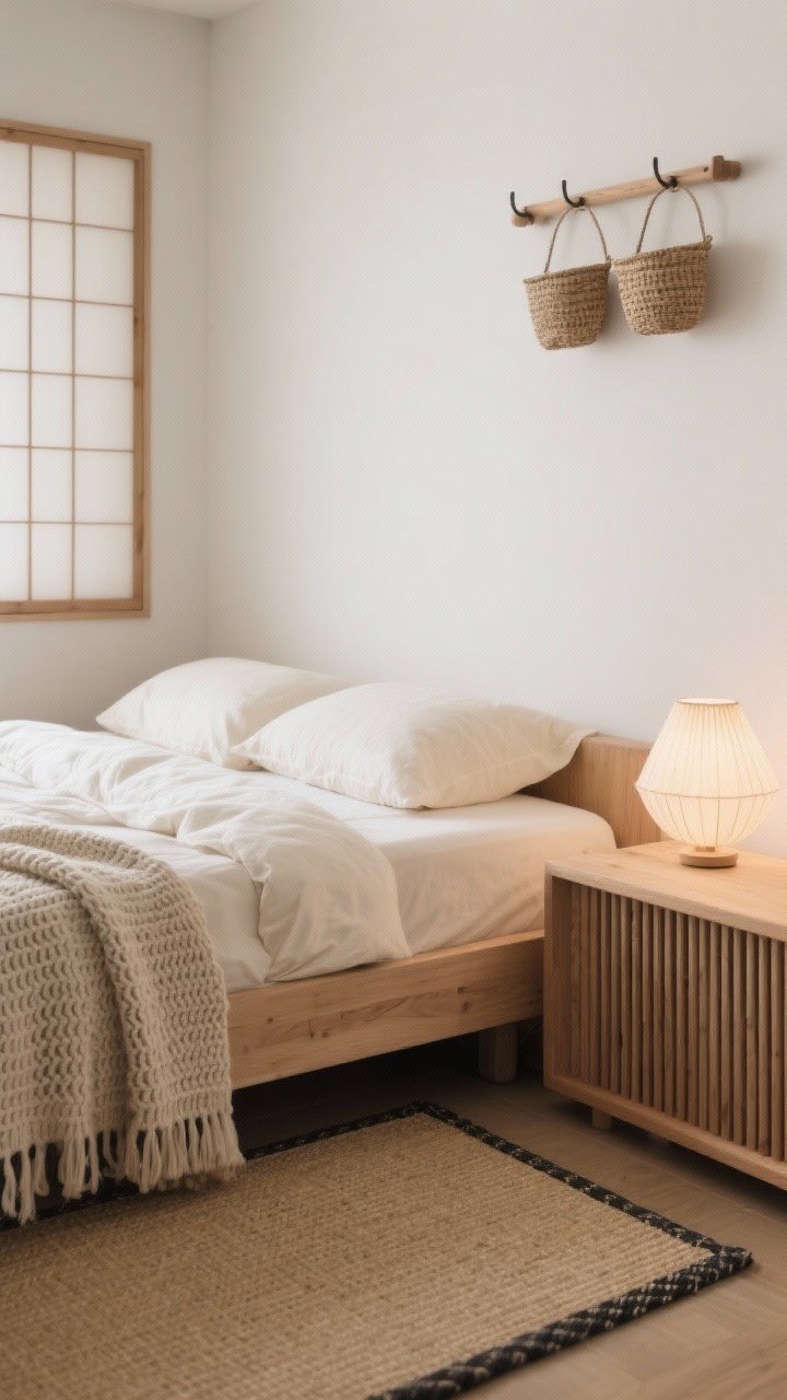 Detail closeup, low angle: Japandi zen nook textures and materials. Focus on a simple low futon-style bed with rounded corners in light ash wood, dressed in monochrome ecru linen sheets, a beige duvet, and a folded waffle-knit throw. Beside it, a slatted wood bench used as a nightstand holds a paper/rice lamp casting a gentle diffused glow. In the background, a wall-mounted peg rail with two low-profile baskets and a hint of a hidden under-bed trundle edge. A woven textile or single shoji-style panel on the wall. On the floor, a natural jute/tatami-inspired mat. Palette of bone, sand, pale wood with a whisper of charcoal accent. Serene, minimal, photorealistic.