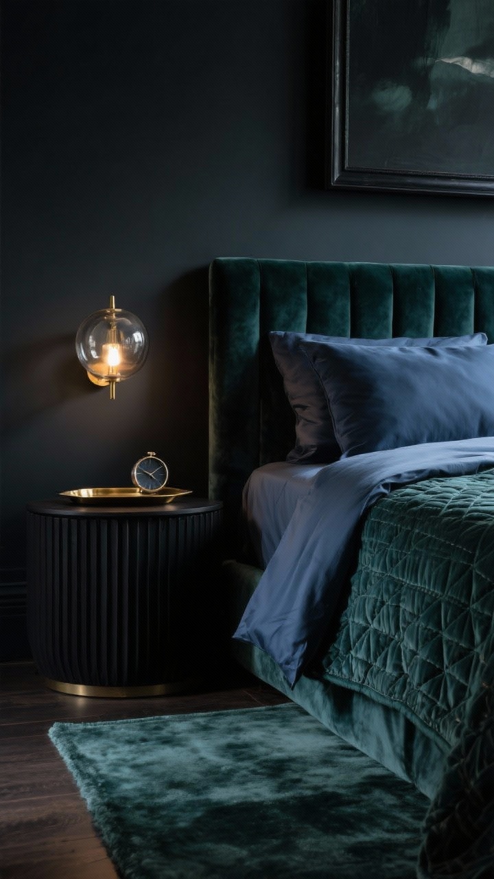 Detail closeup, low-light mood: “Dark Moody Den” focusing on texture and luster. Close crop of a velvet or suede-look upholstered bed in deep ink blue/charcoal/forest green against matching dark walls. Luxe bedding layers: high-thread-count sheets, a subtle-sheen sateen duvet, and a quilted coverlet in a slightly different shade for depth. Edge of a plush rug in a near-match tone meeting the bed. On a black-stained wood nightstand with fluted front, a brass or smoked-glass globe sconce glows softly; a small brass tray and a gunmetal clock add polish. In the soft background blur, a large moody framed art piece with a thick black frame. Dimmable, intimate lighting; photorealistic, cocoon-like ambiance.