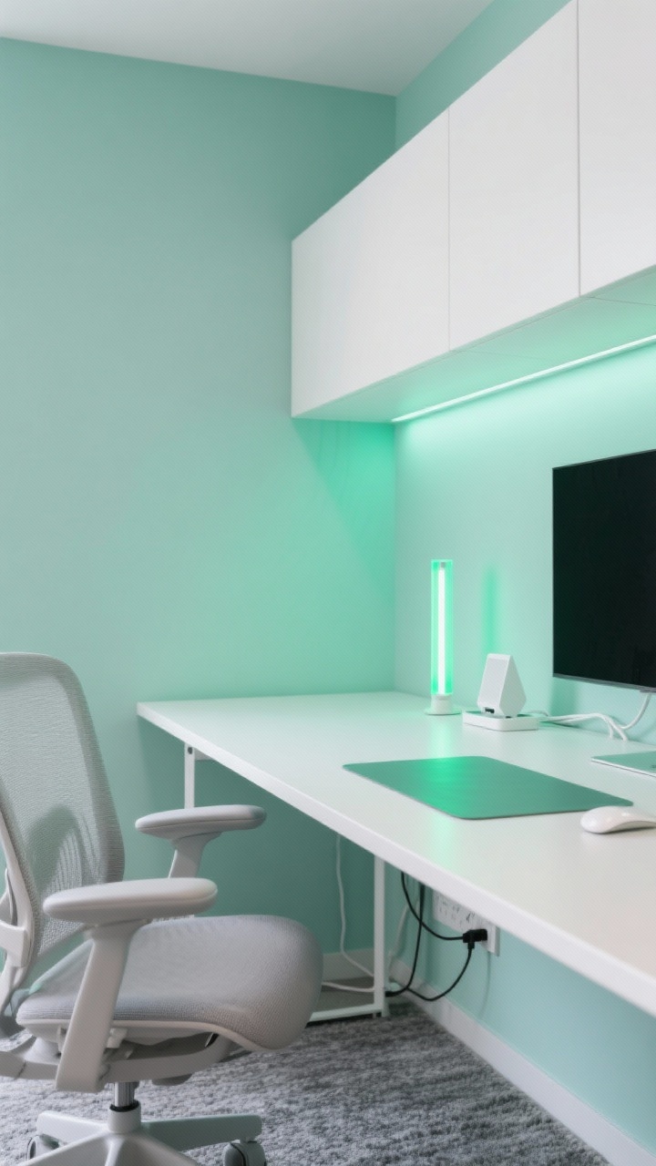 Detail closeup, Minimal Mint Tech Hub: crisp mint green wall backdrop with ultra-modern white powder-coated desk edge and matte white top, light gray mesh ergonomic chair partially in frame, clean cable management with a white cable raceway tucked under, wireless white accessories, minimalist green desk mat, geometric charging dock, slim LED task light, subtle neon green acrylic light strip behind monitor creating a soft halo, corner of a floating matte white cabinet above; low-pile gray rug texture visible; photorealistic, cool-white balanced lighting emphasizing sleek lines and no visual clutter.