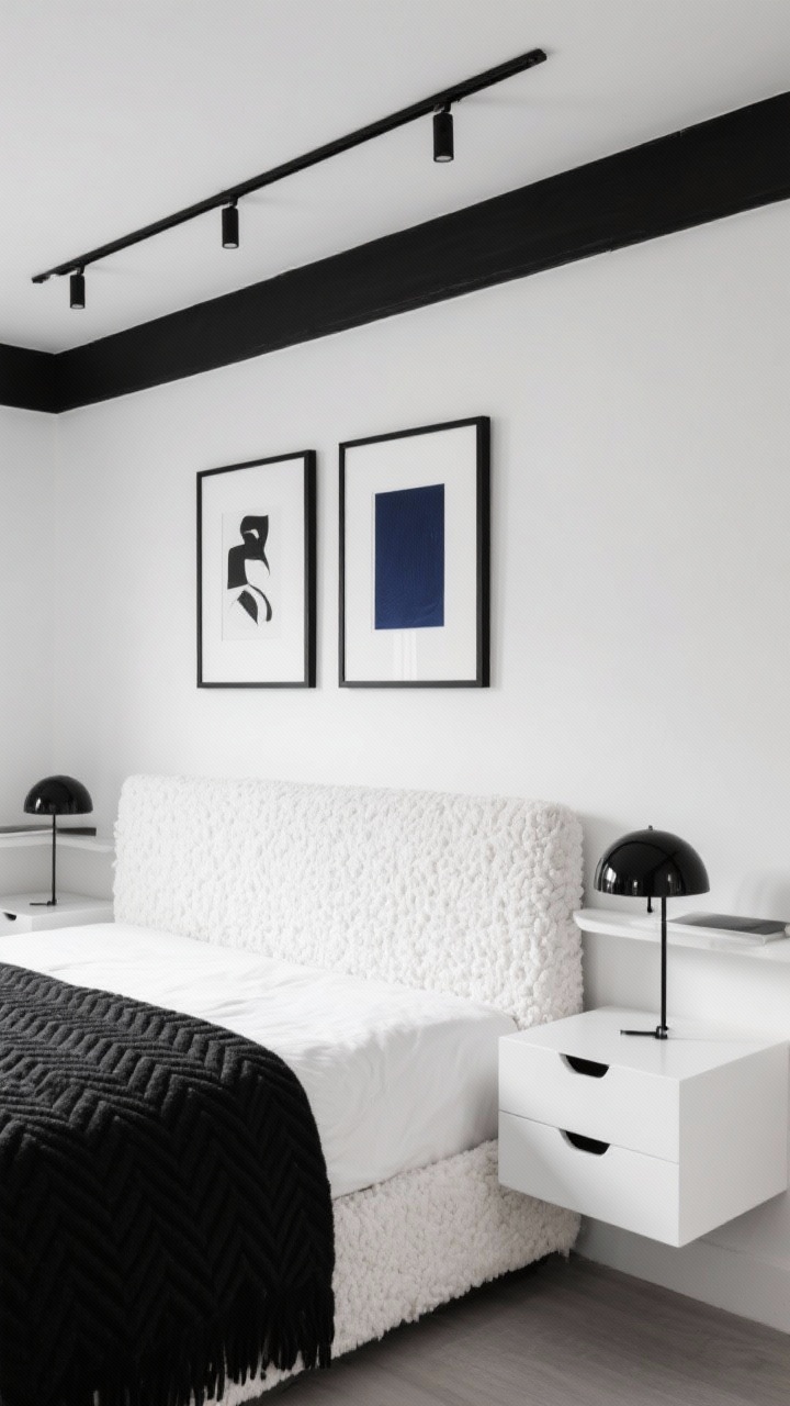 Detail closeup, Monochrome Micro-Gallery: A crisp black-and-white vignette focused on the salon-style art wall above a creamy white low boucle bed. Black frames with white mats featuring abstract prints, with one deep navy piece breaking the monochrome. Foreground shows the nubby boucle texture of the upholstered headboard and a black herringbone throw draped at the foot. Floating white cube nightstand with cut-out pull, domed enamel-black table lamp on a slim console shelf blurred in the background. Soft white walls, ink-black painted ceiling beam edge barely visible. Track lights create subtle spot highlights on the artwork. Photorealistic, shallow depth of field.