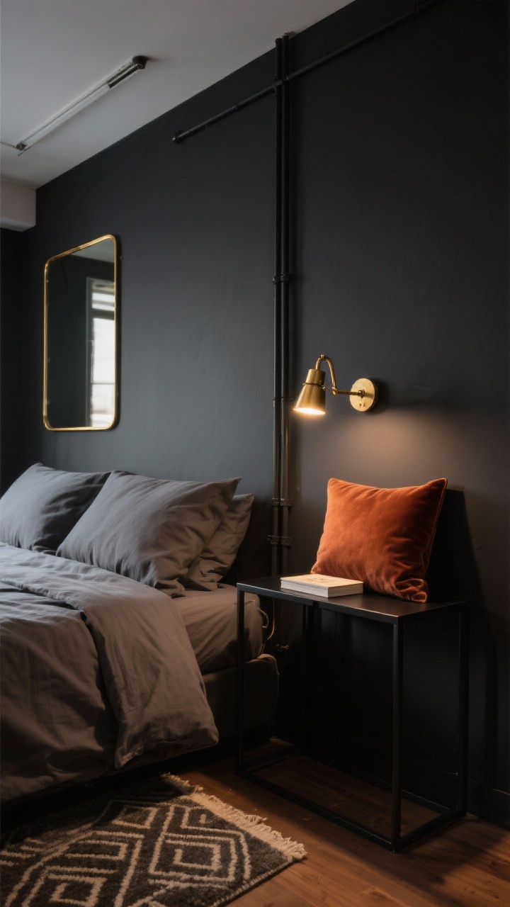 Detail closeup, oblique angle: A moody micro loft vignette focusing on a brass swing-arm sconce mounted on deep charcoal walls, its warm dimmable light grazing graphite linen bedding on a tailored bed. Beside it, a slim black metal wall-mounted bedside shelf holds a small book and a rust velvet pillow peeks into frame, adding texture. In the soft background blur, a thin-brass-trim mirror bounces light, and a compact wool rug with a subtle geometric pattern edges into the shot. Palette of charcoal, black, brass, warm taupe, and walnut wood; hotel-chic, metropolitan mood with night-in glam. Ceiling remains light to avoid cave effect. No people, photorealistic.