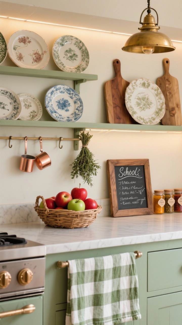 Detail closeup of cottagecore kitchen counter and open shelves: gingham tea towels and a sage-and-cream checkerboard rug partially visible; open shelves with mismatched vintage plates, wooden cutting boards, and copper measuring cups; countertop vignette featuring a basket of red and green apples, a DIY walnut-framed chalkboard menu with handwritten lettering, and a neat row of amber spice jars labeled with handwritten tags; dried herb bundle (thyme and rosemary) hanging from a peg rail; warm brass schoolhouse pendant and soft under-cabinet LED glow; palette sage, apple red, cream, copper, walnut; photorealistic.