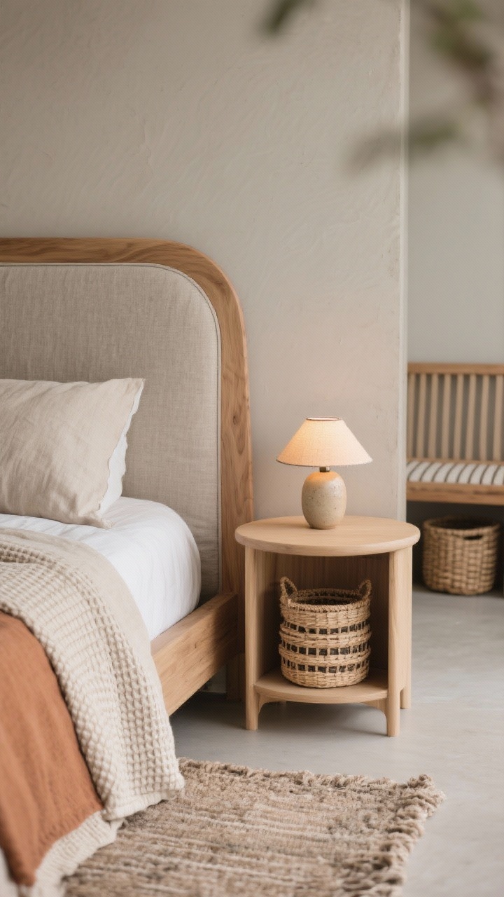 Detail closeup of “The Japandi Retreat” textures on the bed corner and nightstand: soft greige wall backdrop, pale walnut/ash curved headboard edge, stonewashed linen bedding in oat and clay tones layered with a cotton waffle blanket; nubby wool rug visible at the bedside. Slim rounded nightstand with a small ceramic table lamp (warm bulb) and a tiny stackable woven basket on the lower shelf. Out-of-focus hints of a slatted bench with baskets beneath. Subtle patterns like micro stripes or tone-on-tone grid visible in the textiles. Soft, warm, diffused lighting evoking calm craftsmanship.