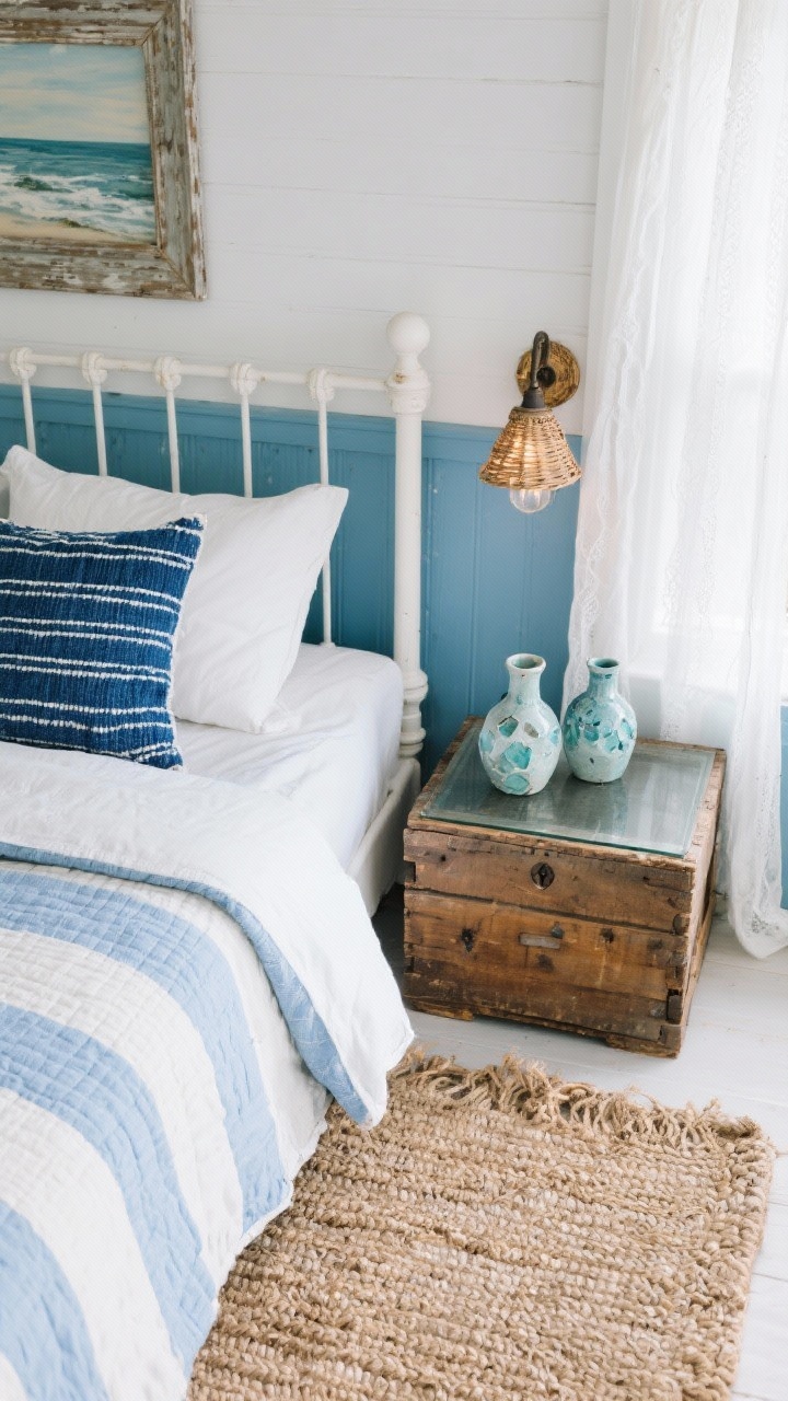 Detail closeup, overhead angle: Coastal cottage textiles on a white spindle bed—soft-blue stripe quilt layered with sailcloth-white pillows and handwoven indigo pillows. The shot includes the edge of a chunky jute rug and a glimpse of a white-with-a-kiss-of-blue painted wall. On one side, a vintage crate turned nightstand with a glass top holds a petite wicker wall sconce above it casting a gentle warm light. A weathered-frame coastal landscape is partially visible above the bed. Color accents include sea-glass-toned ceramic vases on the crate and the airy texture of a white gauze curtain drifting at the window. Airy, cheerful, photorealistic texture emphasis.