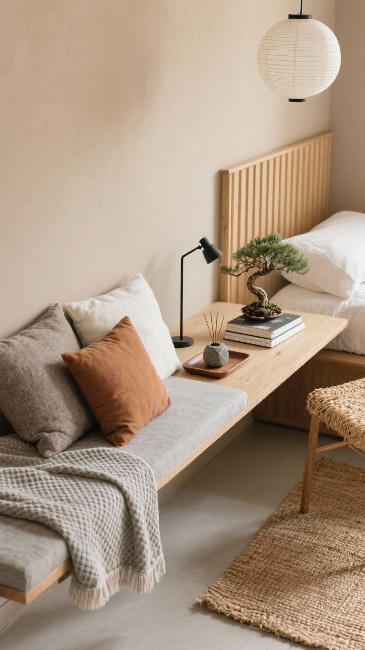 Detail closeup, overhead angle: Japandi calm vignette on a narrow floating desk-shelf that doubles as vanity/workspace against warm greige walls. Textural focus on layered stone-grey linen, cotton waffle blanket edge, and nubby pillows in taupe and off-white visible at frame edge, plus a single cinnamon-toned lumbar for a quiet accent. A tray holds a stone incense holder, two stacked books, and a small bonsai (or snake plant) nearby. Subtle glimpse of blonde oak slat headboard and natural straw-toned flatweave jute/wool rug below. Soft, diffuse daylight; minimalist, breathable, restorative mood. Slim black metal clip-on reading light and rice paper pendant softly out of focus to suggest lighting.