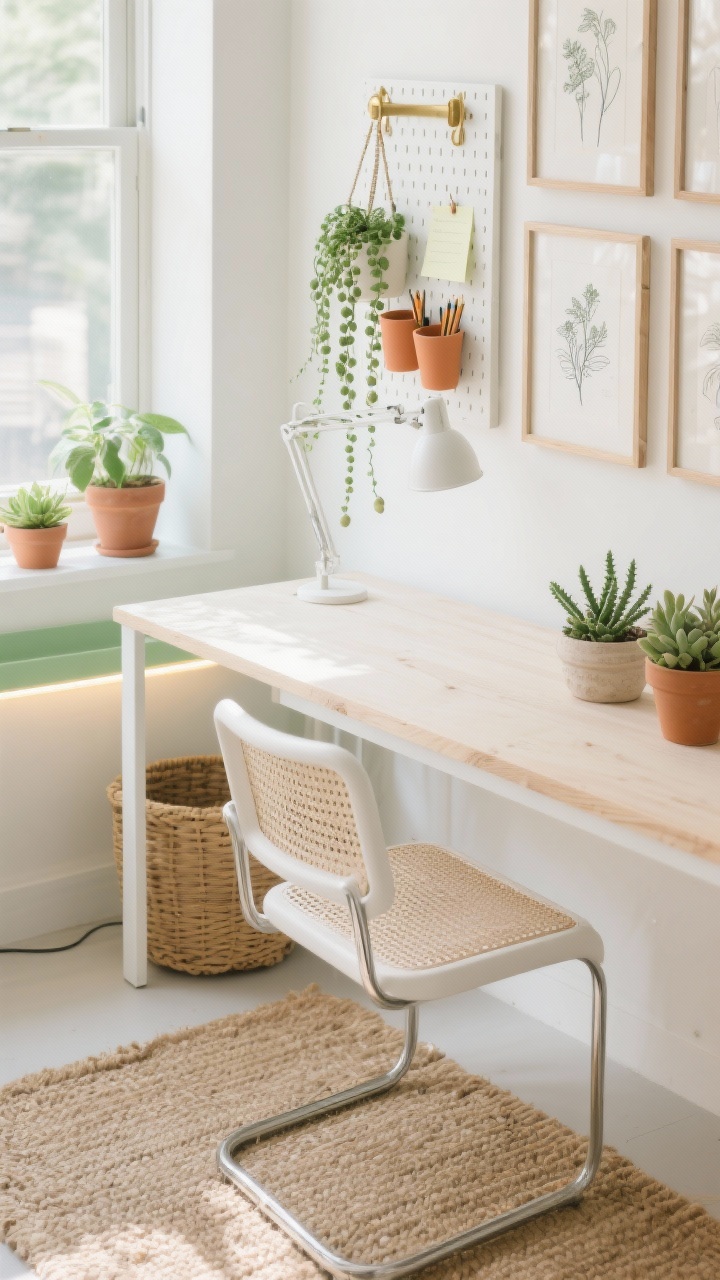 Detail/closeup overhead photorealistic shot of “The Bright Biophilic Corner”: light, airy palette with soft white surfaces and a hint of sage green accent; slim white powder-coated desk frame with pale birch top partially visible under a floating pegboard holding terracotta pencil cups, clips with notes, and a small trailing fern; ergonomic white mesh chair edge in frame; cluster of succulents on a sunlit windowsill, string-of-pearls hanging from a brass wall hook; jute rug texture filling foreground; matte white task lamp arm and a sleek LED strip tucked under a shelf subtly glowing; botanical line drawings in thin oak frames blurred in background; textures: jute, rattan basket weave, light wood, ceramic planters; bright daylight mood; no people.