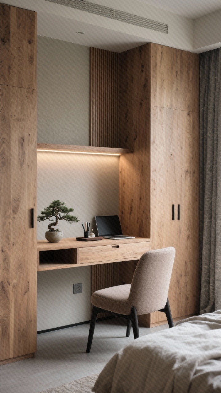 Detail closeup, photorealistic: The Japandi niche desk built between two flush, hardware-free shallow wardrobes in natural oak, showing a clean oak surface with a single centered drawer and a slim open cubby holding a laptop. A linear LED strip tucked under the shelf above casts soft, even light on the greige wall and desk grain. In frame: the curved-back upholstered side chair in soft taupe, the edge of vertical oak slats on the feature wall, a small bonsai, and a ceramic tray with pens. Textures include cotton-linen bedding glimpsed nearby and stone-colored curtains pooling slightly on the floor; matte black accents are minimal and refined. The mood is serene, intentional, and clutter-free.
