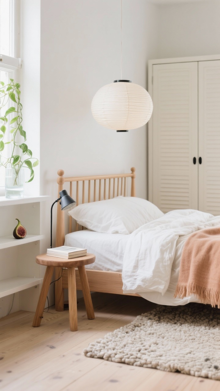 Detail closeup, Scandinavian Sunlit Studio: A bright vignette of a light oak spindle headboard with linen bedding in oatmeal, crisp white sheets, and a soft clay throw, bathed in natural daylight from nearby windows. A petite oak stool serves as a nightstand with a small book and minimalist clip-on reading light attached to the headboard. In the background blur, a slim wardrobe with fluted doors and black pulls and bleached wood floors; a paper lantern pendant casts a diffused glow above. A nubby wool rug in a pale pebble tone adds subtle texture, while open shelves by the window display a trailing pothos and a fig cutting in water. Photorealistic, shallow depth of field, calm Scandi minimalism.