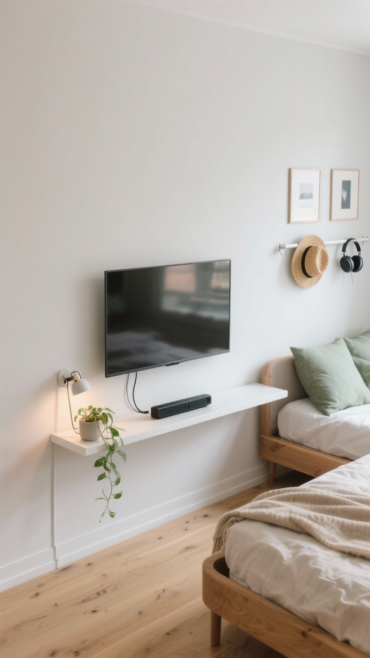 Detail closeup, slight overhead/oblique angle: “The Scandinavian Float” focusing on a slim floating white shelf beneath a wall-mounted slim TV on a white or pale greige wall. The shelf holds a small soundbar and a single trailing plant; visible cord-concealing raceway painted to match the wall, and a tiny clamp lamp attached to the shelf casting a warm glow. Hints of blonde oak flooring and the edge of a natural wood bed frame with rounded corners; layered neutral bedding (ecru linen duvet, oatmeal throw) with soft sage pillows in background bokeh. On the opposite wall’s periphery, a rail-and-hook system with two minimal prints, a straw hat, and headphones. Clean, airy daylit scene, Scandinavian minimalism, photorealistic, no people.