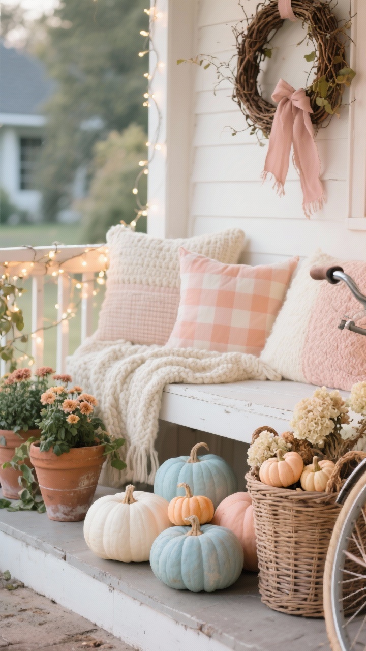 Detail closeup, slightly angled, focusing on “Cottagecore Pumpkin Patch” textures and pastels: whitewashed bench seat piled with chunky knit throws and gingham pillows in blush, apricot, and cream; in the foreground, pastel pumpkins (pale peach, soft white, dusty blue) clustered on a step; a wicker basket from a propped basket bike visible at edge of frame stuffed with mini pumpkins and dried hydrangeas; grapevine wreath with frayed ribbon in faded rose gently blurred in background; vintage terracotta pots with English ivy and mini mums nearby; fairy lights woven through the railing creating delicate bokeh; soft, storybook lighting and cream, blush, sage, dusty blue, peach palette; photorealistic, cozy.