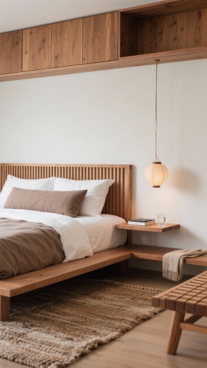 Detail closeup, slightly angled, focusing on Japandi minimalism textures and lines, photorealistic. Foreground: the edge of a low platform king bed against the longest wall with a warm wood slat headboard barely rising above pillows. Bedding: crisp white sheets, taupe duvet folded back, and a single long lumbar pillow. Next to the bed: a floating wood shelf nightstand with a single book and a glass of water; a small paper lantern pendant hung low casting soft warm glow. Background hints of warm wood, soft white, and clay tones. Underfoot: a large natural wool rug with a subtle weave, nearly wall-to-wall feel. Overhead glimpse of shallow built-in wall cabinets above the headboard in matching wood. On the bench at the foot: a slatted wood bench with a neatly folded throw; serene negative space; no people.
