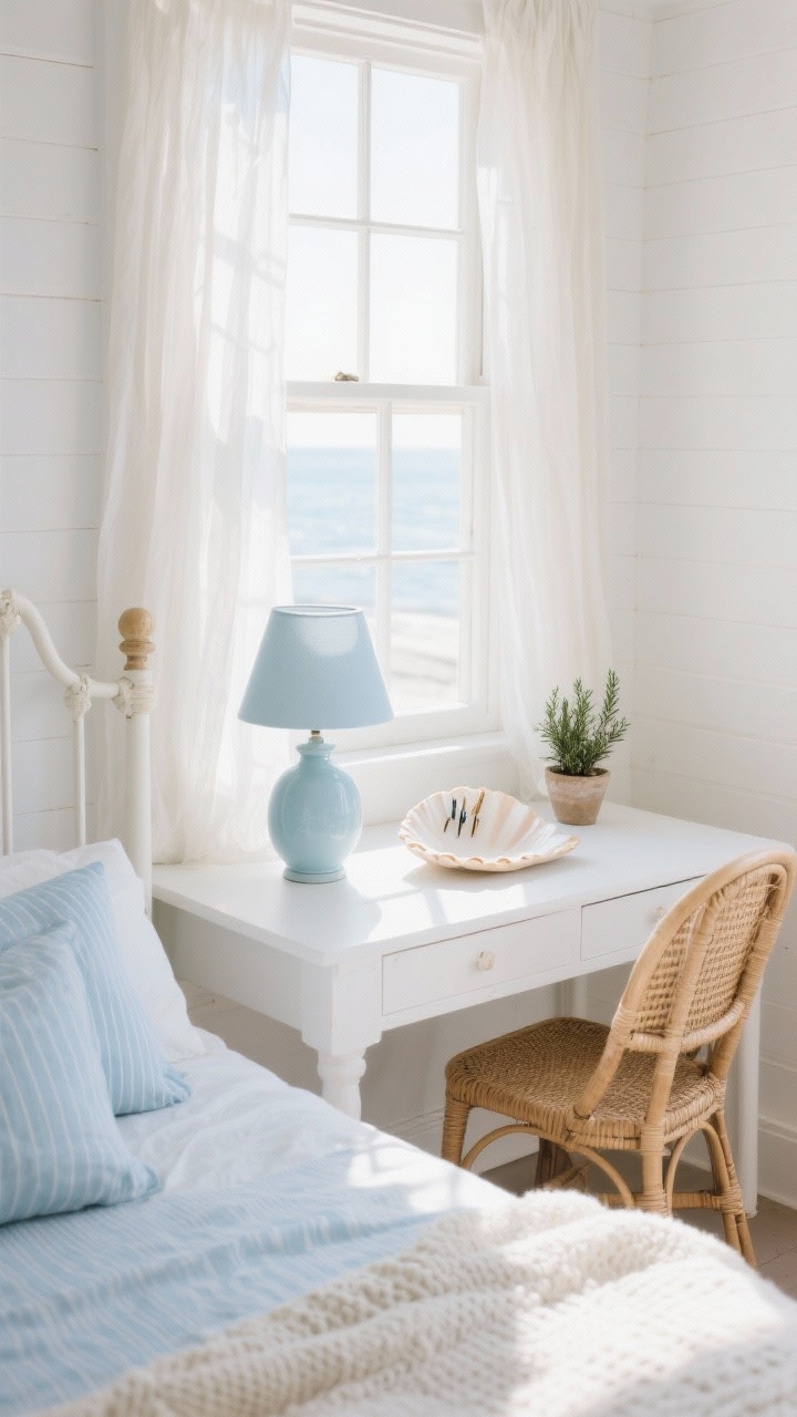 Detail closeup, slightly angled, photorealistic window desk vignette in a coastal cottage bedroom: shallow white desk spanning wall to wall under a sunlit window with gauzy sheer curtains fluttering; rattan bistro chair tucked in; on the desk a soft blue ceramic lamp, a shell-shaped tray with paper clips, and a tiny potted rosemary plant; color palette cloud white, sea-glass blue, sandy beige, natural rattan; hints of the white-painted spindle headboard bed in foreground blur with powder-blue striped duvet and textured pillows (chambray and chunky ivory knit); bright airy daylight, gentle shadows, breezy seaside calm.