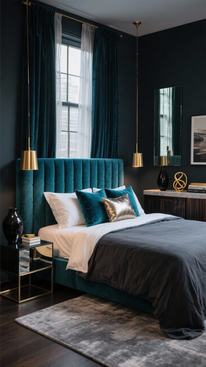 Detail closeup, straight-on crop at bed and window: Moody modern glam bedroom with the queen bed centered on the window wall. Deep teal velvet, low-profile channel-tufted headboard aligned just below the sill. Walls painted saturated charcoal for drama. Bedding layers: charcoal linen duvet, ivory sateen sheets, two teal velvet euro shams, and a metallic lumbar pillow. Mirrored cube nightstands reflect light; slim brass pendant lights hang low over each nightstand to clear surfaces. A soft, low-sheen smoky gray 6x9 rug extends under the entire bed. Window dressed with ceiling-to-floor blackout curtains in rich charcoal layered over gauzy sheers, framing the scene. Opposite wall hinted in reflection shows a floating console with fluted black-stained oak fronts styled with a tall black vase, art books, and a sculptural brass knot. Low, moody evening lighting with warm brass highlights, photorealistic.