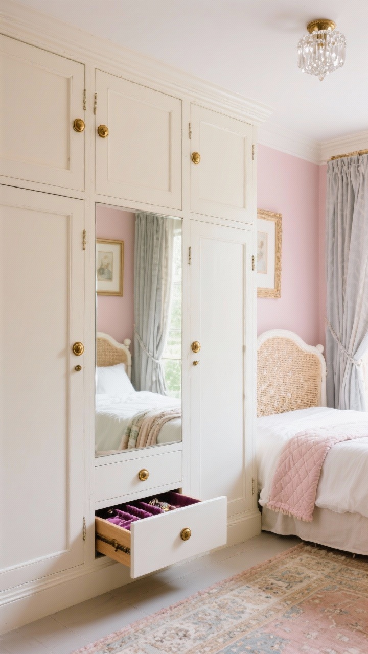 Detail closeup, straight-on: Mirrored armoire fronts with warm white paneled cabinetry and delicate picture-frame molding, reflecting a small romantic bedroom. Unlacquered brass antique-style round knobs catch the light. In the soft reflection, walls in whisper-pink/greige, cafe curtains filtering natural light, and a carved cream bed with a cane headboard. Open armoire drawer reveals a velvet-lined jewelry compartment, alongside a pull-out pants hanger and scarf dividers. Nearby textures include French linen bedding in ivory, a blush quilt edge, and a faded Persian-style rug underfoot. Overhead glint from a petite crystal flush mount creates subtle twinkle. Photorealistic, gentle morning light emphasizing elegance.