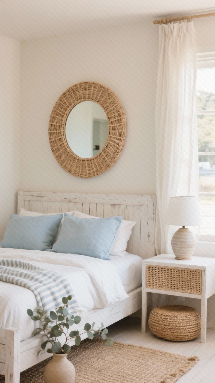 Detail/closeup, straight-on vignette: A natural coastal headboard area with soft sand walls and a simple whitewashed wood bed. Centered above is a large round rattan mirror, its woven texture crisp and warm, softly reflecting daylight. Bed styling shows pale blue linen pillows, a striped cotton throw, and light gauzy curtains glowing at the window edge. Nearby elements include a slim bedside table with cane front, a woven ottoman corner, and a ceramic lamp with a white shade; hints of a jute rug below and a small vase with eucalyptus. Mood: airy, calming, breezy coastal. Photorealistic, no people.