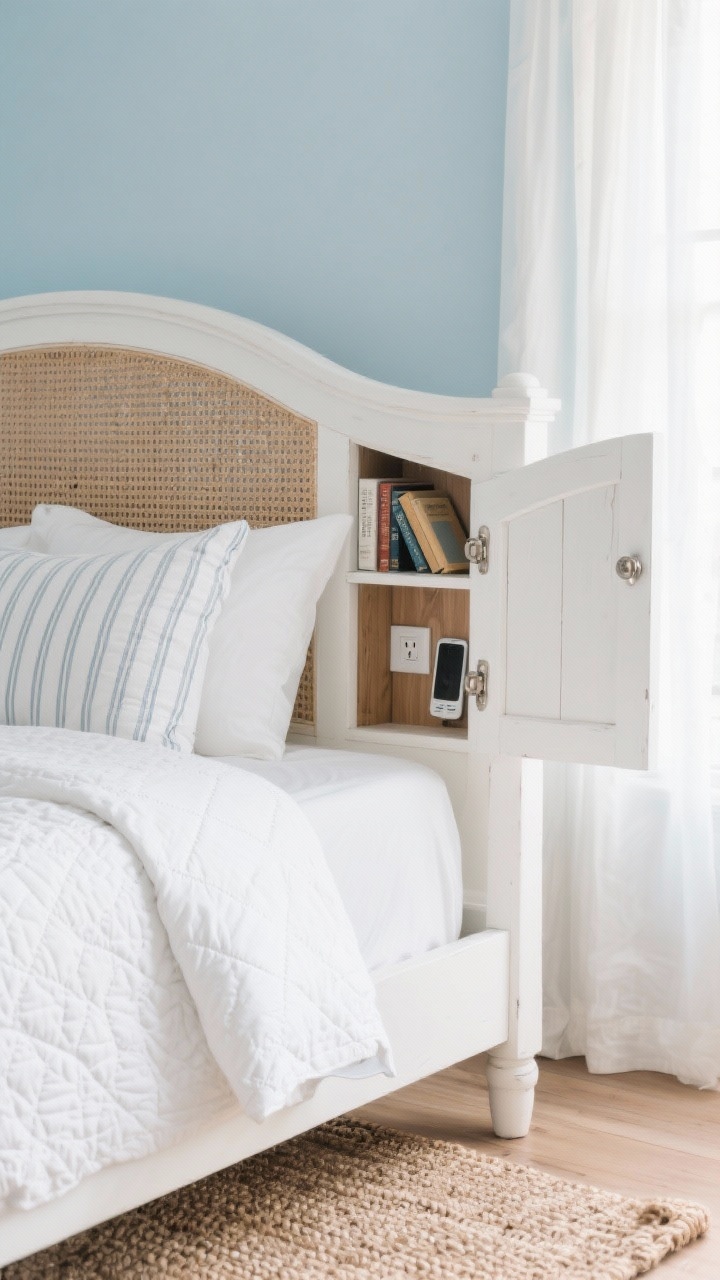 Detail closeup, straight-on with shallow depth of field: Coastal headboard storage detail on a whitewashed captain’s bed in a sea-salt blue room; the cane-inlay headboard arc tilted open to reveal two tilt-up compartments holding books and a phone on a hidden power strip; crisp white matelassé quilt and striped linen shams in focus; brushed nickel pull visible; soft natural light filtering through sheer curtains in the background; hints of sandy oak and a braided jute rug texture at the frame edge; color palette of sea-salt blue, sandy oak, white, and brushed nickel; calm, breezy mood, photorealistic.
