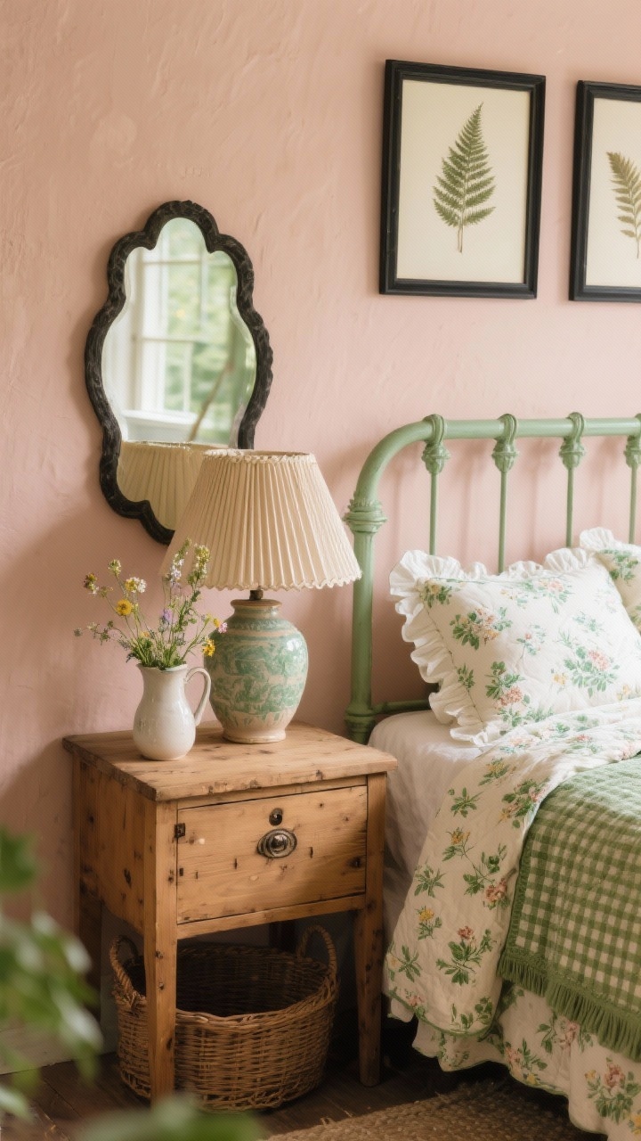 Detail closeup, Vintage Botanical Cottage: A vignette of a petite pine chest used as a nightstand against soft blush/pale clay walls, next to a sage-painted iron bedframe. On the chest sits a ceramic lamp with a pleated shade, a small pitcher of wildflowers, and a corner of a scalloped-edge mirror reflecting the room. Textiles in view include a ditsy floral duvet in green and cream, ruffled edge pillowcases, and a folded quilted throw with a micro-check pattern. Pressed fern artwork in black frames hangs above, while woven baskets under the bed are softly visible. Natural daylight with gentle warmth, intimate cottage charm, photorealistic.
