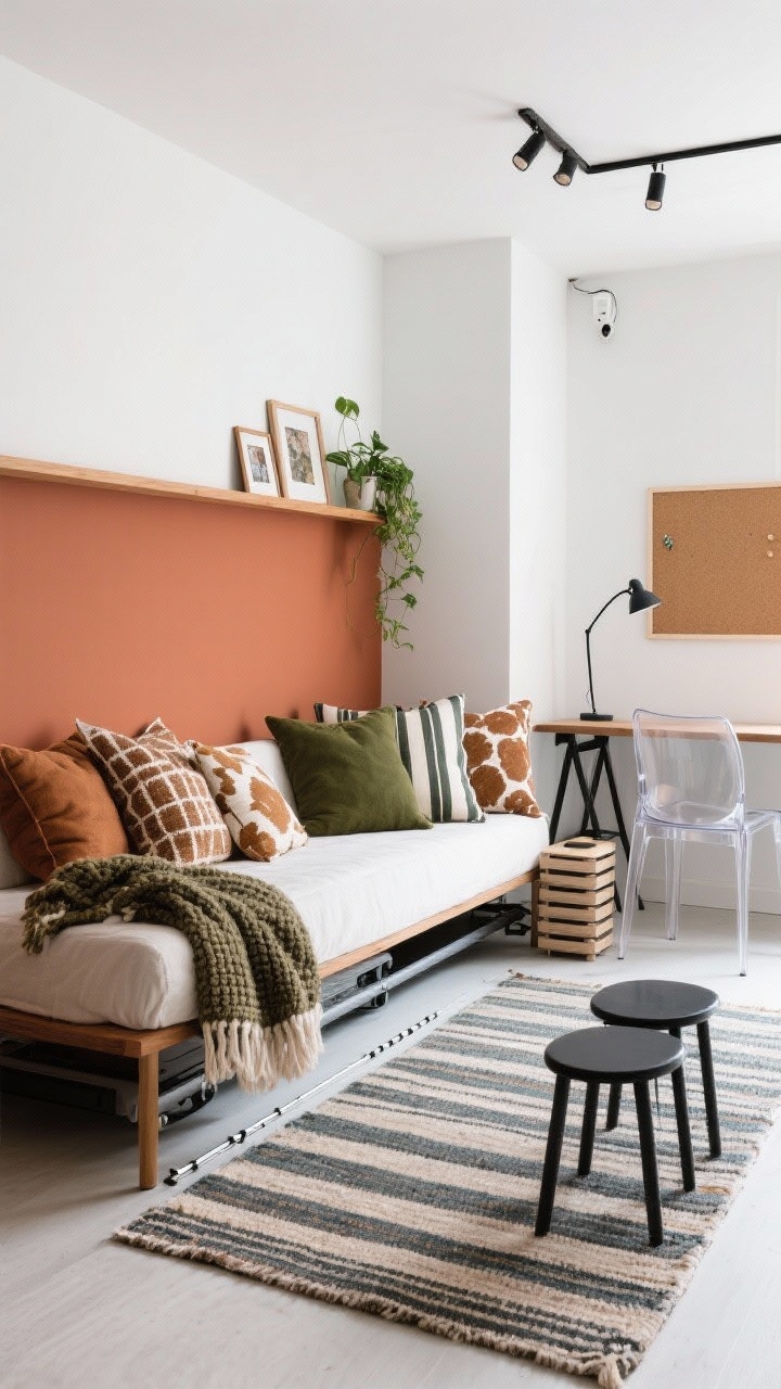 Detail/medium hybrid from a side angle, multipurpose studio sleever: A full-size daybed with a trundle along the longest wall, backed by a color-blocked wall—lower two-thirds painted warm clay, upper third crisp white—with a slim wood display ledge at the divide holding small frames and trailing plants. The daybed is layered with lots of throw pillows in earthy prints, a chunky knit blanket, and a striped lumbar. Across the room, a folding wall desk with a cork pinboard above; a clear acrylic chair keeps sightlines open. Two stacking stools nest nearby for flexible use as nightstands or extra seating. A striped flatweave rug elongates the floor; rail track lighting aims at the work zone and a plug-in swing-arm lamp arcs over the daybed. Palette of clay, white, terracotta, olive green, matte black accents. Bright, lively, photorealistic.