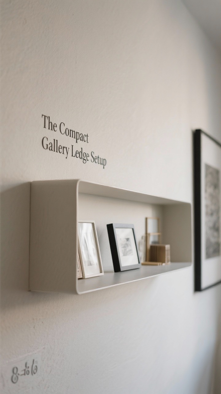 Detail/medium hybrid, slightly angled close view of “The Compact Gallery Ledge Setup”: a deep wall-mounted shelf (8–10 inches deep,