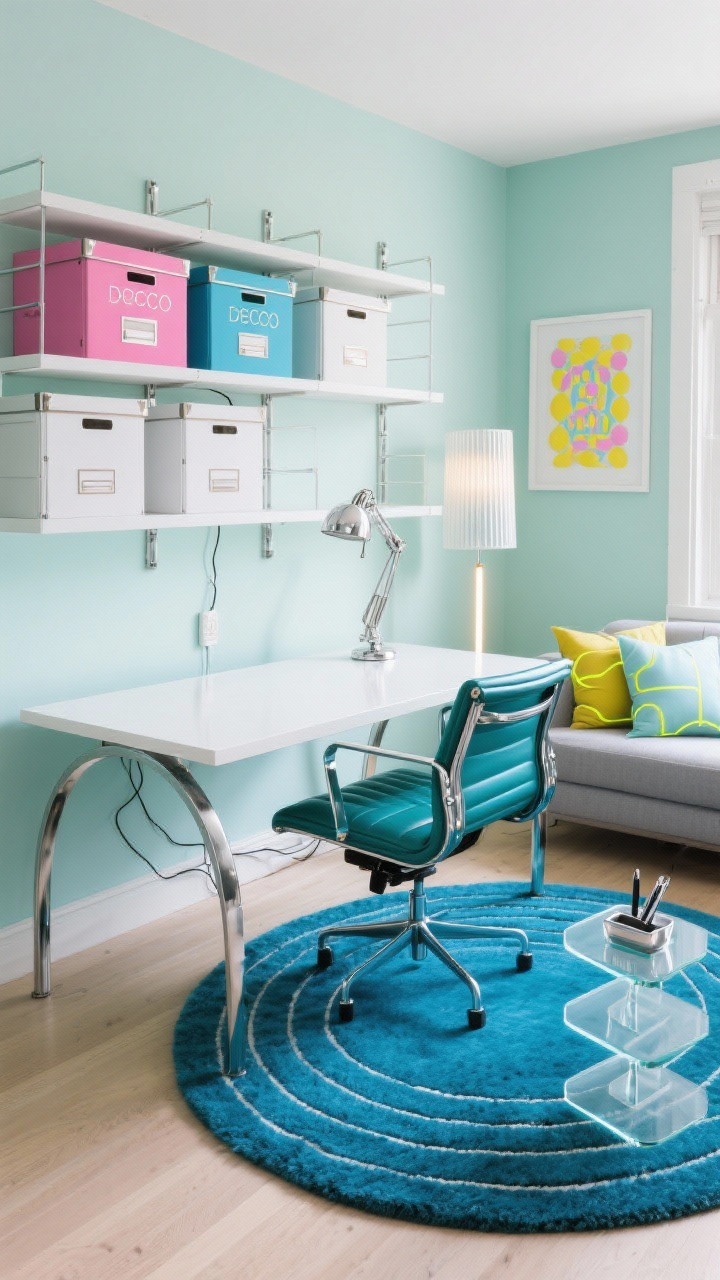 Detail/medium office shot, overhead + slight angle: A Pop-Deco home office with soft mint walls, crisp chrome and white elements. Focus on a white lacquer desk with arched chrome legs and a thin floating profile, paired with a teal leather cantilevered task chair. Behind, a white-and-chrome modular shelving system holds lacquered file boxes labeled with Deco-style typography. Include graphic wall art in bubblegum pink, cobalt, and lemon framed in white, a polished chrome banker’s lamp, and a tubular LED sconce with ribbed glass. On the floor, a round plush cobalt rug with thin concentric rings; nearby a small glass side table with a stepped base holding a chrome pen tray. Cords hidden in chrome cable channels. Optional background: compact sofa in icy gray with neon-accent pillows. Photorealistic, playful yet precise lighting.