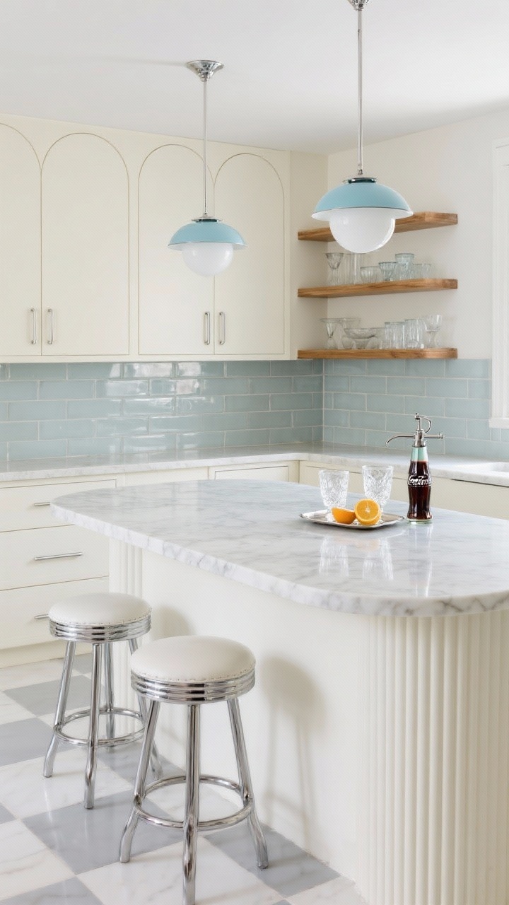 Detail/overhead hybrid — Streamline Moderne Kitchen island vignette: Focus on creamy ivory cabinetry with rounded corners and horizontal slim chrome pulls, pale quartz countertops with subtle marble veining, and a rounded-rectangle waterfall-edge island. Two stools with tubular chrome bases and ivory vinyl seats tuck under the island. Above, a pair of opaline globe pendants on short chrome rods provide soft cafe-style light. In the background, a softly arched glossy subway-tile backsplash in a tight horizontal stack with minimal grout; open pale-wood shelves displaying clear and smoky Art Deco glassware. Small-checkerboard porcelain floor in ivory and soft gray. On a slim ribbed-front console: vintage soda siphon, cut-crystal tumblers, polished tray with citrus. Color story: cream, duck-egg blue accents, soft gray, chrome. Shot from a high angle emphasizing curves and horizontal lines, bright and welcoming, photorealistic, no people.